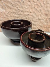 Vintage Large Brown Porcelain Pin Insulators Pair Threaded Power Line Glazed Can picture
