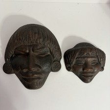 Vintage Peruvian Inca Mask Set Of 2 Wall Decor Ceramic Or Clay picture