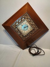 VTG United Clock Co Electric Wall Clock MCM Wood & Brass Diamond Shape Model #30 picture