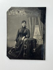 Antique 1800s Tintype Photo Victorian Woman Full Length Dress 1/6 Plate picture