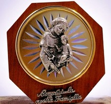 VTG St Anthony Of Padua Jesus Christ Child  Wooden Base Embossed Metal Italy picture