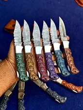 LOT OF 20PCS HANDMADE DAMASCUS STEEL POCKET KNIVES FOLDING KNIVES WITH SHEATHS. picture