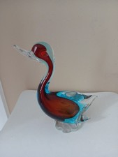 Vtg  Art Glass Swan Duck Figurine Blue Red Cased MCM Small Chips picture