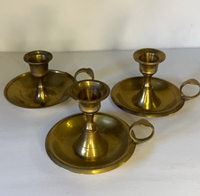 Lot of 3 Vintage Brass Chamberstick Candle Holders Saucer Finger Loop Handle picture