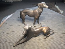 Vintage Pair Solid Brass Greyhound Whippet Sculptures Figures Standing Reclining picture