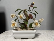 Vintage Bonsai Tree Decoration, Glass Jade/Jadite w/ White Cherry Blossoms 6” picture