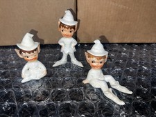 Set of 3 vintage Porcelain Lefton Elf/Pixie Figurines White Iridescent, Pearl ￼ picture