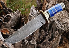 Custom Hand Made Damascus Steel Hunting Bowie Knife with Colored Bone Handle picture