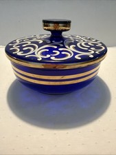 Antique Bohemian Glass Cobalt Blue Gilded Covered 6” Round Trinket or Candy Dish picture