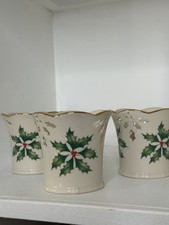 Lenox Holiday Pierced Votive Candle Holders Set of 3 Holly Gold Trim w/ Box picture