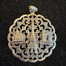 Vtg Paris Souvenir Pendant Eiffel Tower Arc de Triomphe Filigree Silver Tone 208 picture