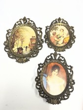 Vintage Set Of 3 Mini Art Prints Ornate Metal Frames Oval Made In Italy picture