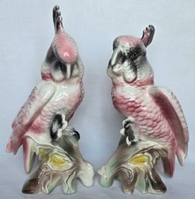 Pair of large 1940s cockatoos, pink & gray perched on corn stalks excellent cond picture