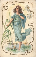 Easter Flowers Joys Woman with Daffodils Spring Landscape Art Nouveau Vintage picture