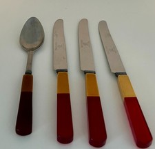 Vintage Two-Tone Cherry Red and Butterscotch Bakelite-Handled Flatware picture
