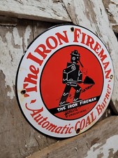 VINTAGE IRON FIREMAN PORCELAIN SIGN OLD HOUSE ROBOT COAL BURNING FURNACE HEATING picture