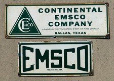 Vintage Lot (2) Porcelain Continental EMSCO Oilfield Pump Jack Sign Dallas Texas picture