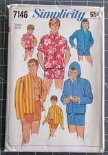 Vintage 1960s Mens L Beachwear Pattern Jacket Swim Shorts Trunks Simplicity 7146 picture