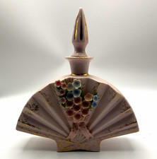 Vintage Napco Japan F-325 Porcelain Fan Perfume Bottle Applied Flowers Stopper picture