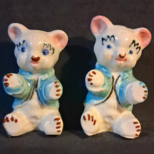 Vintage Japan Ceramic Bear Cub Salt & Pepper Shakers Set Blue Sweaters Cork picture