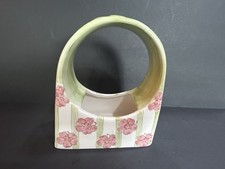 Cute Pink Floral Light Green Stripes And Bow Planter 5.75”W x 6.75” H picture
