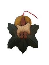 Vintage 1988 Wooden Holly Candle Christmas Ornament Folk Art 3x4 Handcrafted  picture