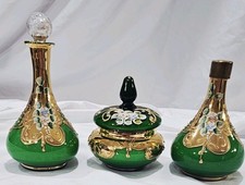 Czech Bohemian Emerald Green Painted Glass Vanity Set 2 Decanters & Trinket Box picture