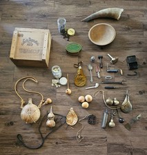 Vtg Mountain Man Black Powder Reenactor Lot Powder Flask Horn Jack Daniels Box picture
