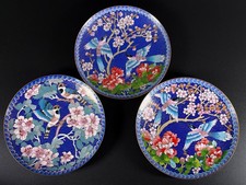 Set of 3-Vintage Ching-t'ai-lan Cloisonné Plates  Winged Jewels 7.25
