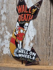 VINTAGE WALL OF DEATH  PORCELAIN SIGN RARE OLD HELL ON WHEELS MOTORCYCLE SHOW picture