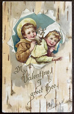 Postcard Valentine Children and Kitten Embossed Undivided Back 1908 Antique picture