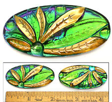 LONG 52mm Vintage Czech Glass GREEN AB Flash Dragonfly Wing OVAL Buttons 2pc  picture