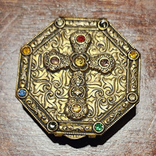 Antique 1920s Czechoslovakia Brass Pocket Shrine Jeweled Cross Trinket Box picture