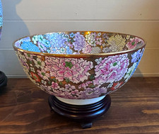 Vintage Chinese Macau Famille Rose Millefleurs Bowl Wood Stand picture