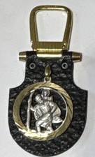 Vintage St Christopher Leather Key Fob Shield Keychain Gold Silver Tone Medal picture