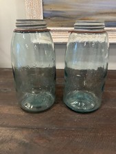 Set 2 Vtg Aqua Mason Jars Patent NOV 30th 1858 1/2 Gall Zinc Porcelain Lid Seal picture