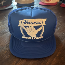 Vtg80s HAWAII HANG LOOSE Trucker Hat Shaka Rope Mesh Snapback Surf Cap Blue NWOT picture