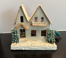 Vintage Japan Large Lighted Putz Village House Cardboard Glitter w/Trees picture