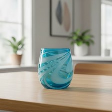 Hand-Blown Mexican Stemless Wine Glass | Teal White Swirl Design picture