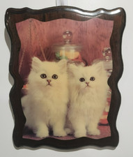 Vtg DenCraft wood Wall art print plaque 2 WHITE PERSIAN KITTENS CATS 12 X 14 picture