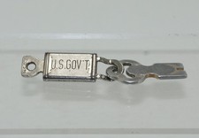 Vintage U.S. Government Key Fob Keychain Chrome Silver Metal w/ Unique Alloy Key picture