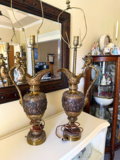 Vintage 19th century Metal Table Lamp Pair Antique Bronze Angel Cherub 28 picture