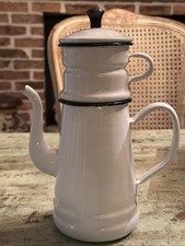 Vintage White Enamel French Drip Coffee Pot Black Trim 5 Piece Biggin Complete  picture