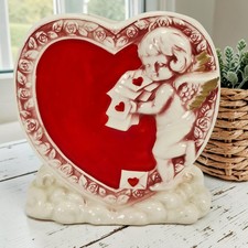 VTG Lefton Valentines Day Heart Cherub w/ Letters Embossed Roses Planter Vase 6