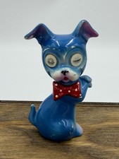 Vintage Blue Ceramic Puppy Dog Figurine w/Lenticular Eyes & Polka Dot Bow Tie picture