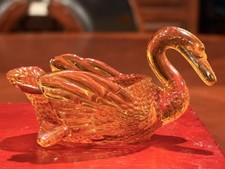 Vintage LE Smith Amber Glass Swan Master Salt Cellar Dish w/ Spoon Ex Cond 2