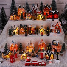 64 Pcs LED Christmas Village Houses Holiday Town Scene Set Resin Multicolor picture