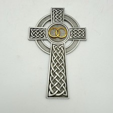 Pewter Knotted Celtic Wedding Anniversary Cross w/Interlocking Rings Vintage picture