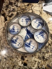Antique German Sternauware Delft Blue Windmill Boat Serving Tray 6 Coaster Set picture