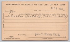 1932 NYC Department of Health Birth Certificate Acknowledgment Postcard picture